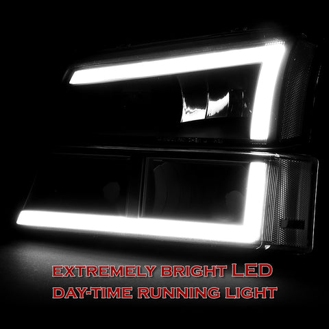 For 2003-2007 Chevy Silverado/2002-2006 Avalanche LED DRL Black Headlights + Bumper Lamps