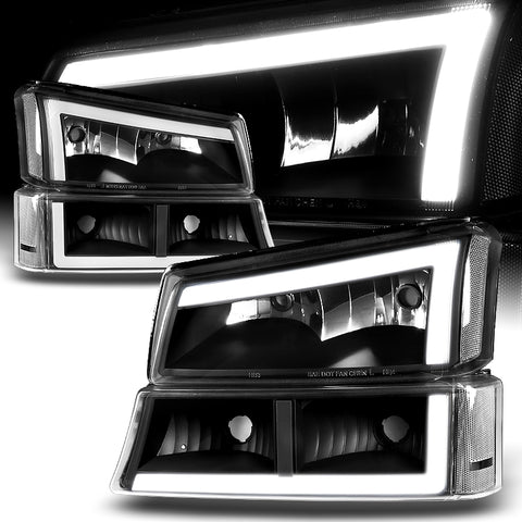 For 2003-2007 Chevy Silverado/2002-2006 Avalanche LED DRL Black Headlights + Bumper Lamps