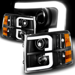 For 2007-2014 Chevy Silverado LED DRL Black Projector Headlights Amber Reflector