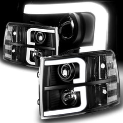 For 2007-2014 Chevy Silverado LED DRL Black Projector Headlights Clear Reflector