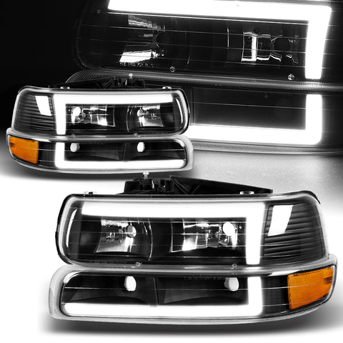 For 1999-2002 Chevy Silverado/2000-2006 Tahoe Suburban LED DRL Black Headlights + Bumper