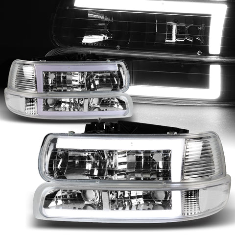 For 1999-2002 Chevy Silverado/2000-2006 Tahoe Suburban LED DRL Chrome Headlights + Bumper