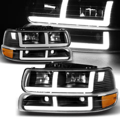 For 1999-2002 Silverado/00-06 Tahoe Suburban G2 DRL LED Bar Black Headlights + Bumper