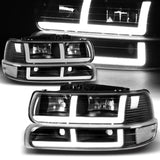 For 1999-2002 Silverado/00-06 Tahoe Suburban G2 DRL LED Bar Black Headlights + Bumper