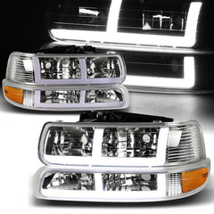 For 2099-2002 Silverado/2000-2006 Tahoe Suburban G2 DRL LED Bar Chrome Headlights + Bumper Lights