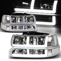 For 1999-2002 Silverado/2000-2006 Tahoe Suburban G2 DRL LED Bar Chrome Headlights + Bumper