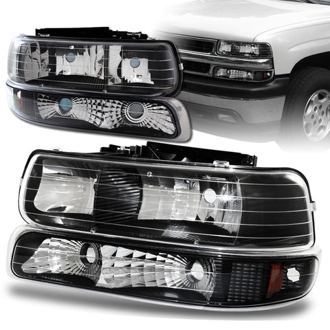 For 2000-2006 Chevy Tahoe / 1999 - 2002 Chevrolet Silverado / 2000 - 2006 Chevrolet Suburban 2 Piece Black Housing Headlights + Bumper Lamps Combo