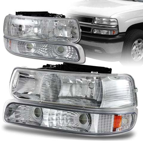 For 2000-2006 Chevy Tahoe / 1999 - 2002 Chevrolet Silverado / 2000 - 2006 Chevrolet Suburban 2 Piece Chrome Housing Headlights + Bumper Lamps Combo
