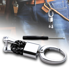 3.3" x 0.78" Black Braided PU Leather Strap Keychain Ring For Car Key Key Fob