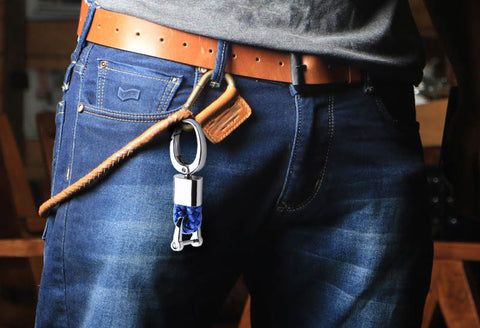 3.3" x 0.78" Blue Braided PU Leather Strap Keychain Ring For Car Key Key Fob