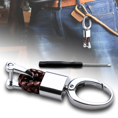 3.3" x 0.78" Brown Braided PU Leather Strap Keychain Ring For Car Key Key Fob
