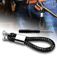 4.8" x 0.78" Black Braided PU Leather Strap Keychain Ring For Car Key Key Fob