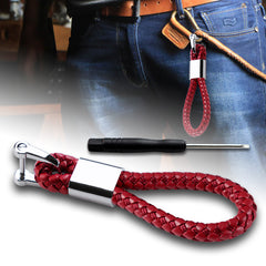 4.8" x 0.78" Red Braided PU Leather Strap Keychain Ring For Car Key Key Fob
