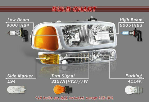 For 1999-2006 GMC Sierra 1500 2500 DRL LED Chrome Amber Headlights + Bumper 4PCS