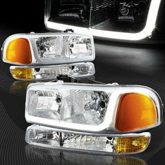For 1999-2006 GMC Sierra 1500 2500 DRL LED Chrome Amber Headlights + Bumper 4PCS